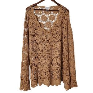 Vintage Newport News Crochet Knit Top Size 2X Bohemian Beige Floral Womens